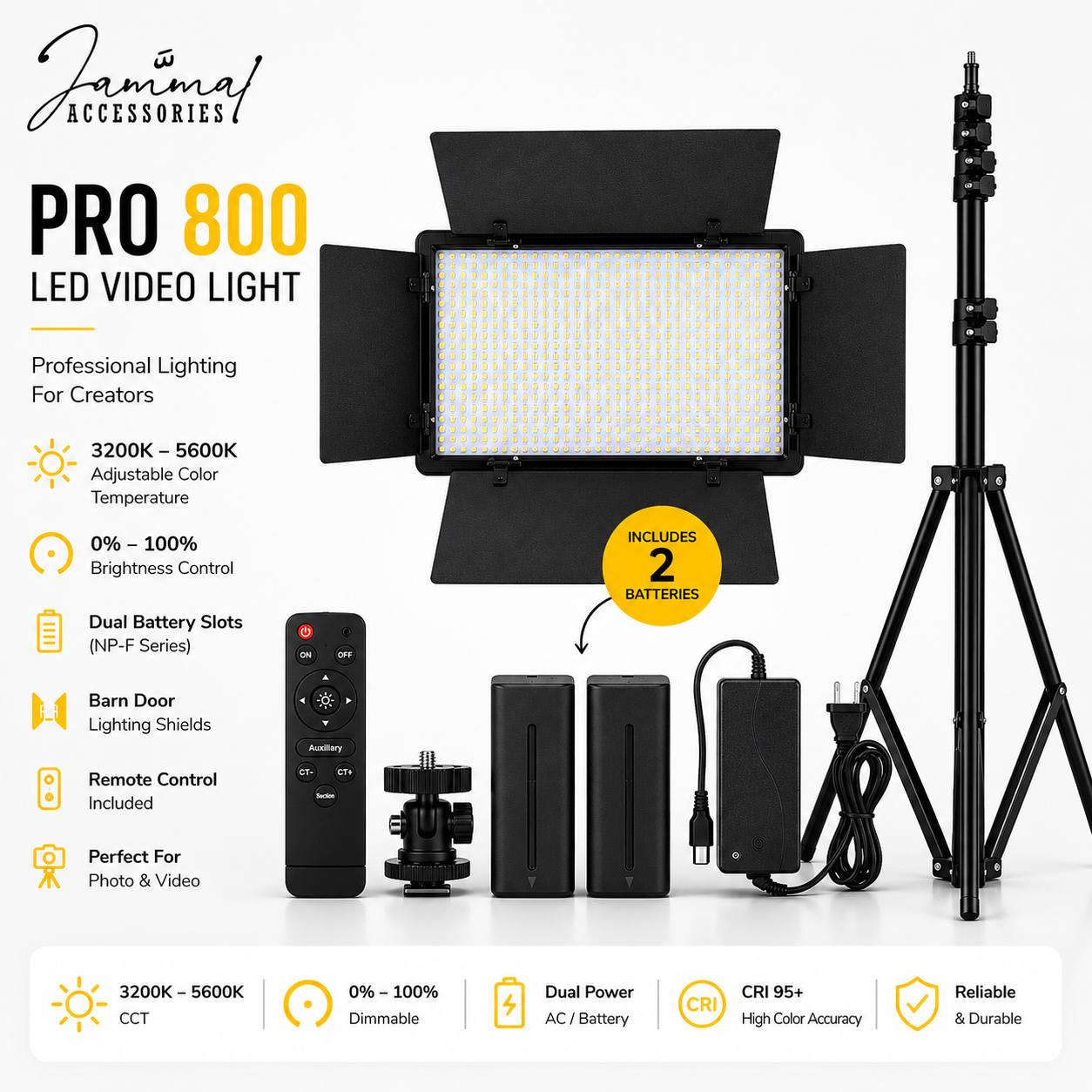 Pro 800 LED Video Light Kit with Tripod & 2 Batteries